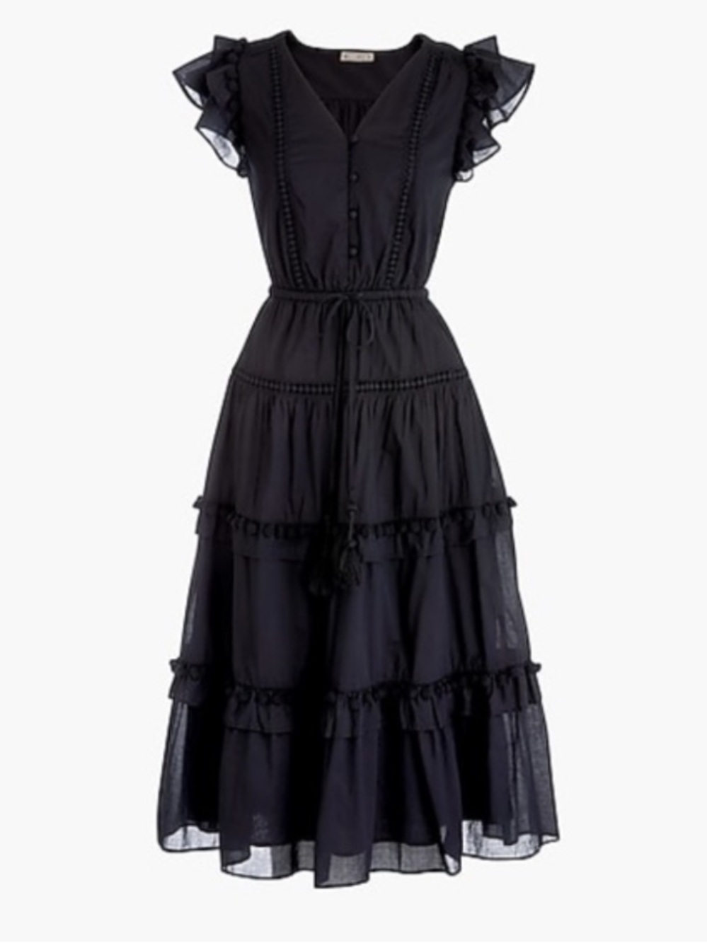 J. Crew Point Sur Black Pom-Pom Tiered Cotton-Voile Midi Dress
